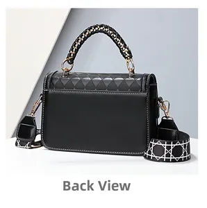 Back view of black quilted crossbody bag with stylish patterned woven shoulder strap