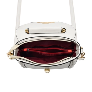 White faux leather crossbody bag with wine red multi-compartment interior and gold hardware