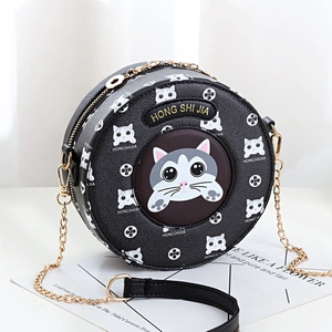 Women Cartoon Cat Round Crossbody Bag Cute PU Leather Circle Shoulder Bag Golden Chain Strap Zipper Purse