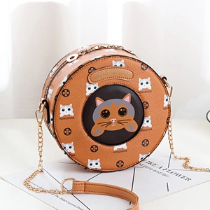 Brown circular cat crossbody bag with lychee grain leather and gold chain strap