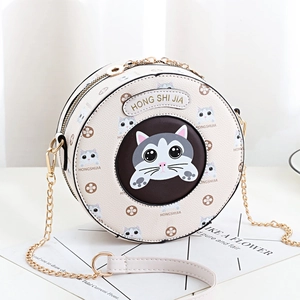 Cute round cream leather crossbody bag with cartoon cat print and gold chain strap