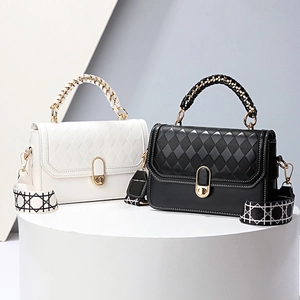 Women Fashion PU Leather Quilted Shoulder Crossbody Bag With Geometric Wide Strap Gold Lock Small Square Handbag For Daily Use