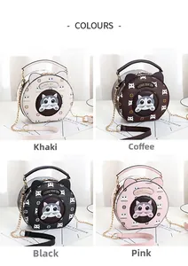 Collage showing round crossbody bags with cat prints in khaki, coffee, black, and pink