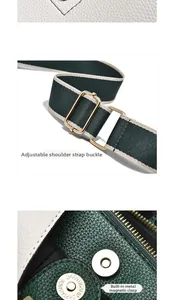Detail of green and white bucket bag with striped strap and gold hardware