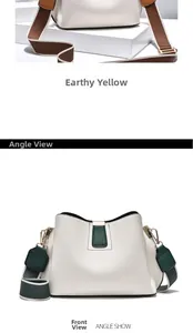 Front view of white lychee texture bucket bag with wide strap and gold hardware