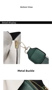 Detail of white lychee leather texture with gold metal hooks and dark green leather accents