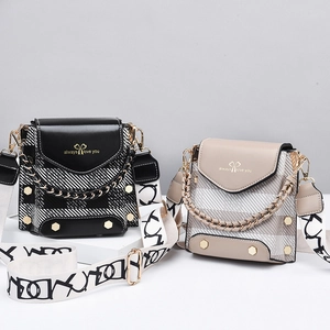 Chic color-block mini crossbody phone bag with chain handle and wide graphic strap