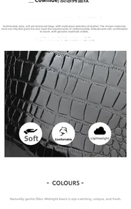 Detail of midnight black crocodile pattern cowhide leather showing soft and light texture