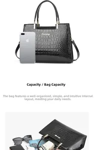 Detail view of black crocodile pattern tote bag capacity with phone and daily items