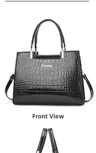 Front view of black crocodile pattern leather handbag with gold Danbaoly logo
