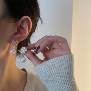 Elegant Korean style gold earrings with square zircon stud and large white pearl drops