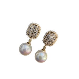 French luxury style pearl drop earrings with rectangular zircon stud and iridescent pearls
