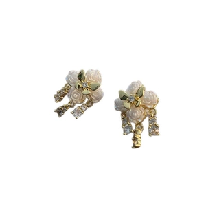 Elegant camellia earrings with pink roses, gold butterfly, and zircon drop tassels