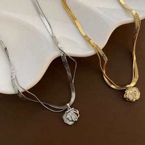 Double Layered Necklace Stainless Steel Snake Chain Shell Pendant With Mother Of Artificial Pearl Zircon Gold Plated For Women