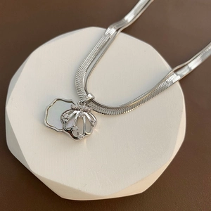 Elegant silver shell pendant necklace with white mother of pearl and flat snake chain