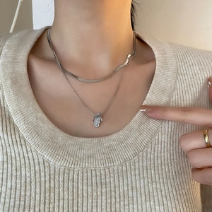 Double layer silver necklace with micro-pave rhinestone mini slipper pendant on snake chain