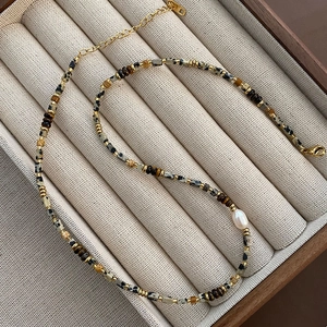 Beaded Necklace With Baroque Freshwater Pearl Tiger Eye Dalmatian Stone Titanium Steel Retro Choker Jewelry For Women