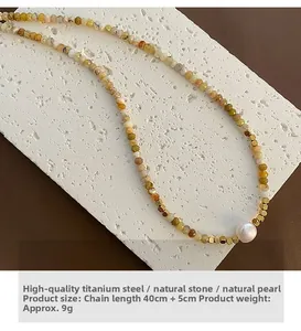 Detail view of titanium steel necklace with natural stones, pearls and dimensions