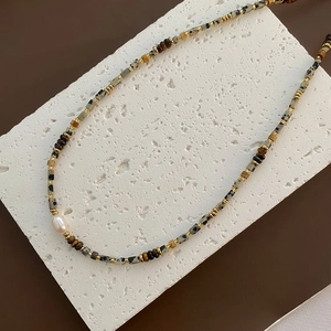 Baroque pearl and tiger eye beaded necklace with retro minimalist aesthetic for women