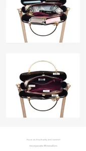 Interior view of the two-tone handbag showing three main pockets and compartments