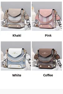 Close-up of stylish mini crossbody bags with bow hardware and patterned wide straps