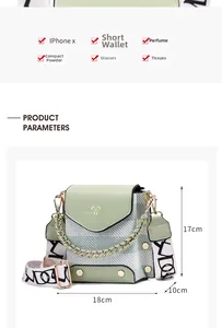 Mini crossbody bag size detail 18x17x10cm showing storage capacity for phone and wallet