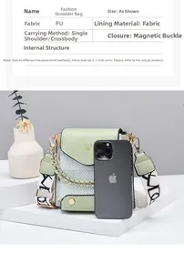 Detail of light green PU leather bag with chain strap and geometric printed wide webbing