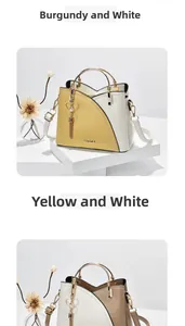 Detail of color-block PU leather handbag with ZZMY metal logo and heart tassel charm
