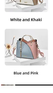 Detail view of stylish color-block handbag with heart pendant and metal ring handle