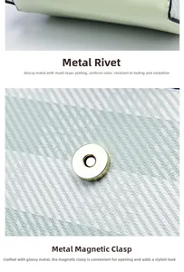 Detail of polished metal rivets and magnetic snap closure on light green handbag