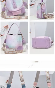 Détail du sac seau dégradé violet avec bandoulière tissée VENUS et texture cuir