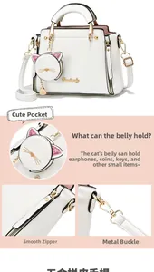 Detail of white cat-themed handbag with golden metal handles and a small charm purse