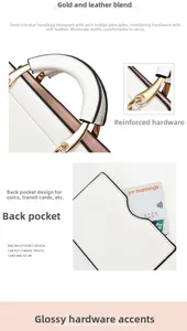 Detailed view of reinforced handles and back functional pocket on white fashion handbag
