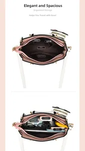 Interior view of the pink shoulder bag showing compartments for umbrella and phone
