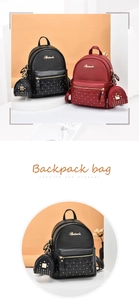 Close-up of quilted backpack leather with studs and a matching charm coin purse