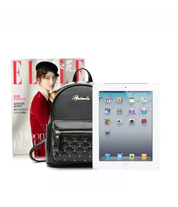 Size comparison of black textured leather backpack with A4 magazine and 9.7-inch iPad