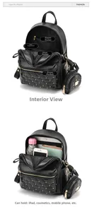 Detail of black pebbled leather backpack with gold studs and internal pockets structure