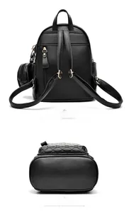 Detail view of black lychee grain backpack with gold hardware and a small round coin purse