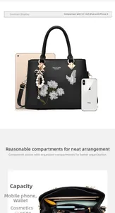 Detail der floral bestickten Handtasche mit Innenfächern und Größenvergleich