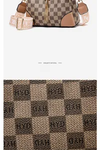 Detailansicht der Textur und Nähte der khakifarbenen Beuteltasche mit Karomuster