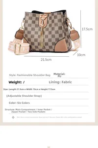 Detailansicht der Karo-Beuteltasche mit Maßen 21,5x10x17,5 cm und breitem Schultergurt