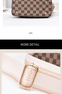 Detailansicht der braunen Bucket Bag mit Karomuster, Gold-Hardware und Riemen