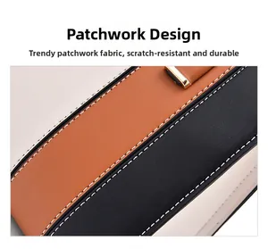 Close-up of color-block patchwork tote with white contrast stitching and durable texture