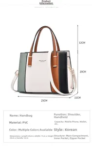 Detailed size specifications of the PVC color-block handbag showing dimensions and structure