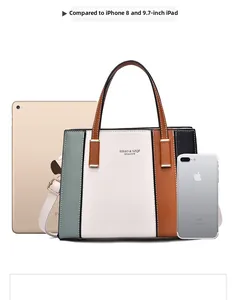 Detailed size comparison of multi-color tote bag with 9.7-inch iPad and iPhone 8 Plus
