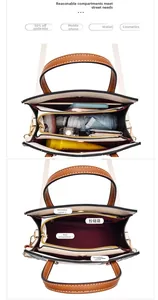 Detail showing the large handbag's multi-pocket interior for organized daily storage