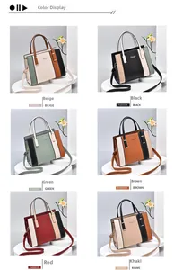 Showcase of six stylish patchwork handbags in beige, black, green, brown, red, and khaki