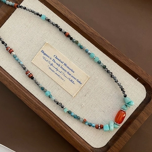 Collana di Perline in Pietra Naturale Fatta a Mano Vintage per Donna Catena da Clavicola in Agata Acciaio al Titanio Etnico