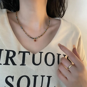 Vintage Natural Stone Beaded Necklace Square Red Zircon Pendant Gold Plated Titanium Steel Bohemian Jewelry Women