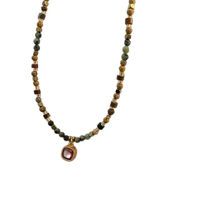 Handmade beaded necklace with natural stones pearls and a gold square zircon pendant